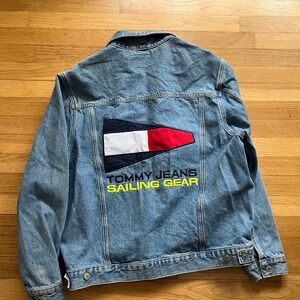 Vintage 90s Tommy Hilfiger Sailing Gear Denim Jacket Large Oversized Logo Back